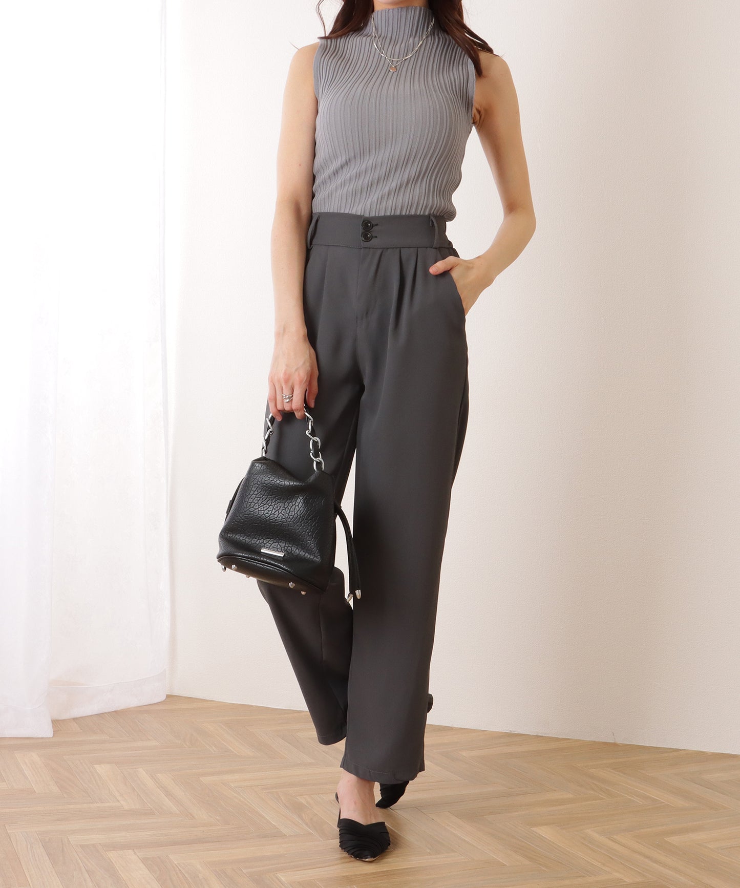 ダブルボタン ハイウエスト ストレート タックパンツ