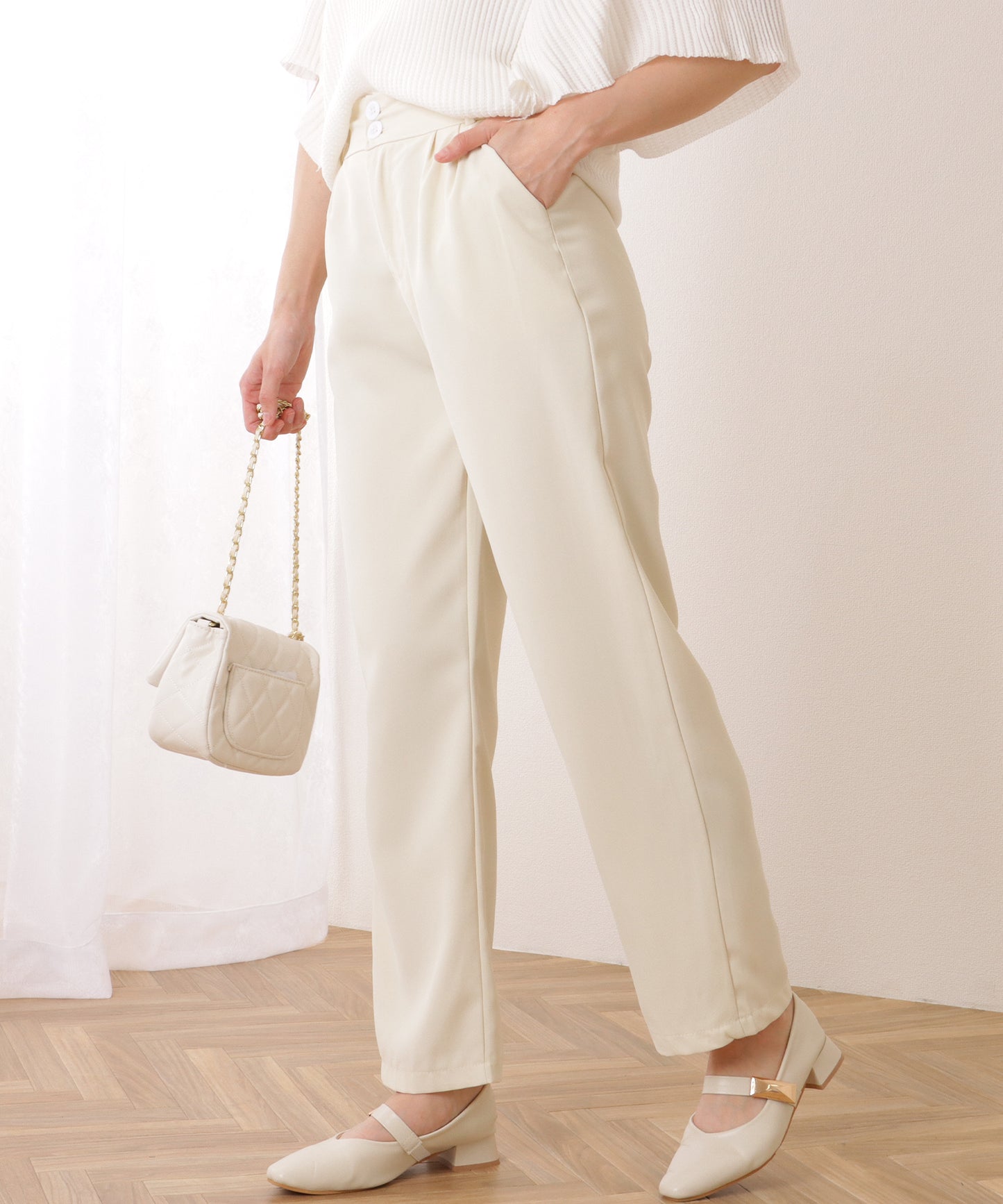ダブルボタン ハイウエスト ストレート タックパンツ