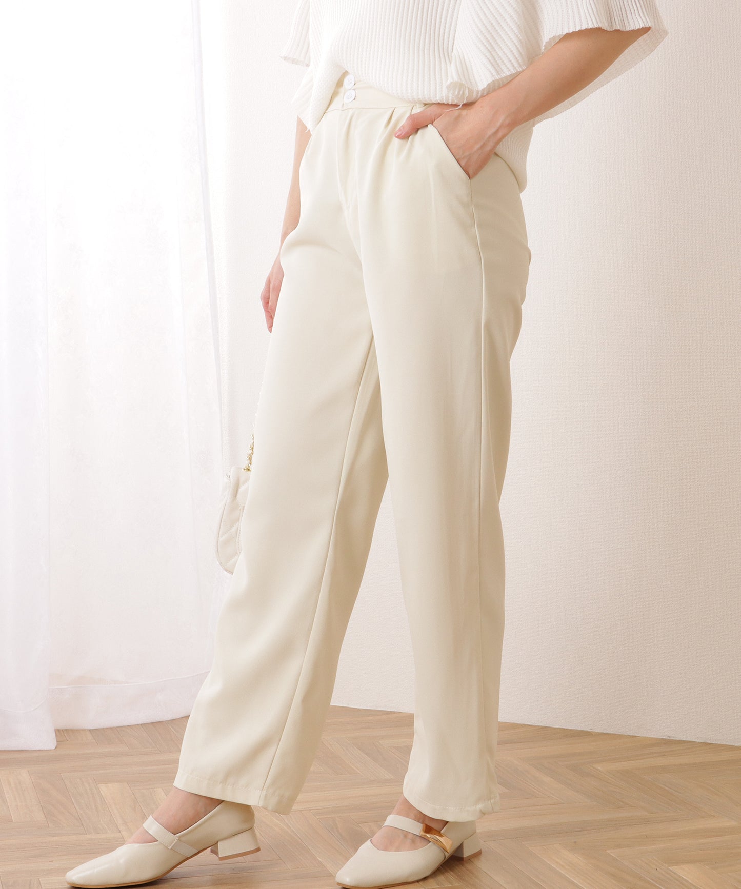 ダブルボタン ハイウエスト ストレート タックパンツ