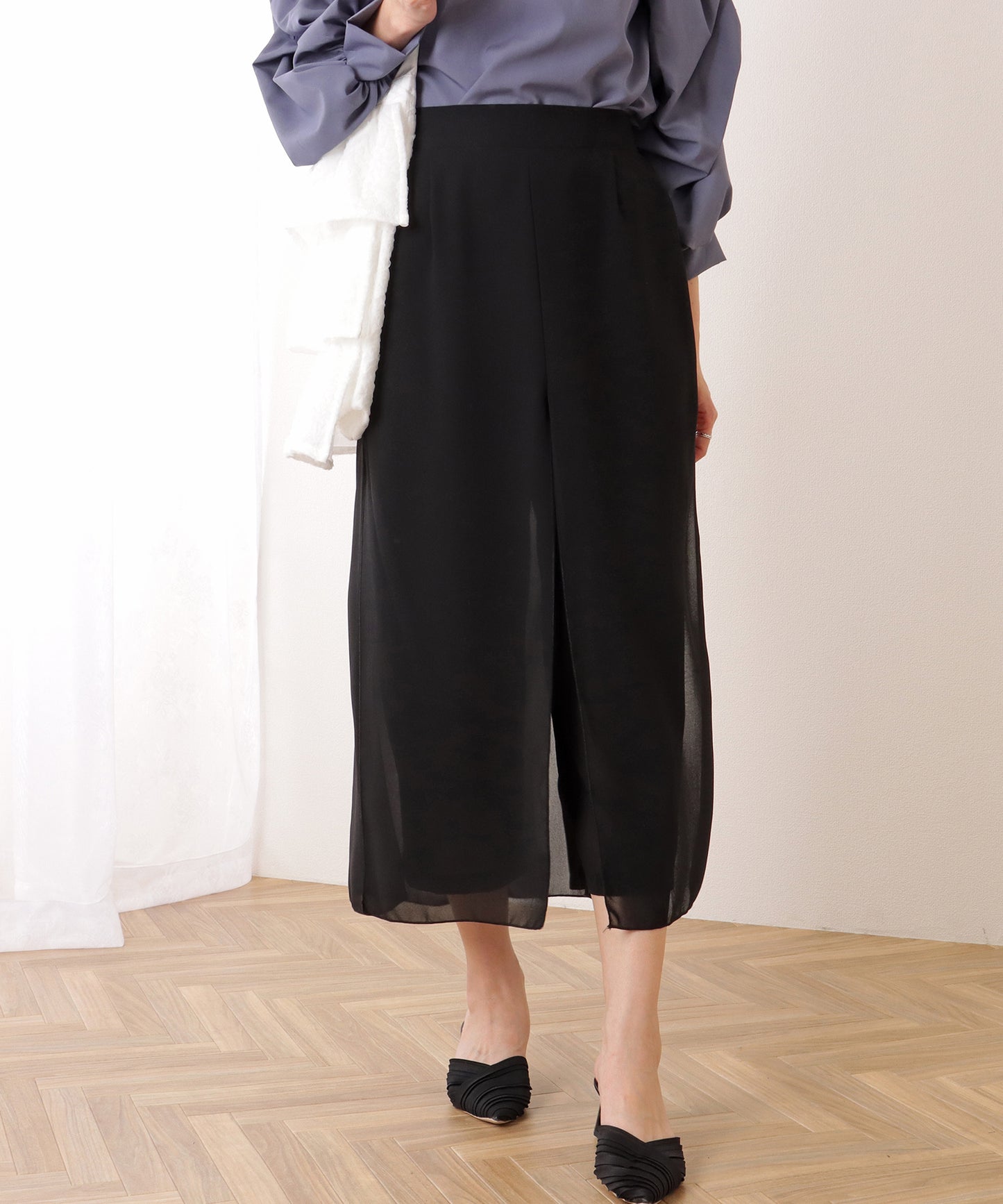 シフォン レイヤード ミモレ丈 ワイド パンツ