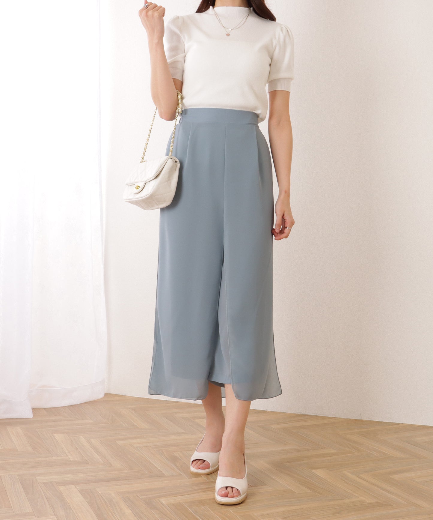 シフォン レイヤード ミモレ丈 ワイド パンツ