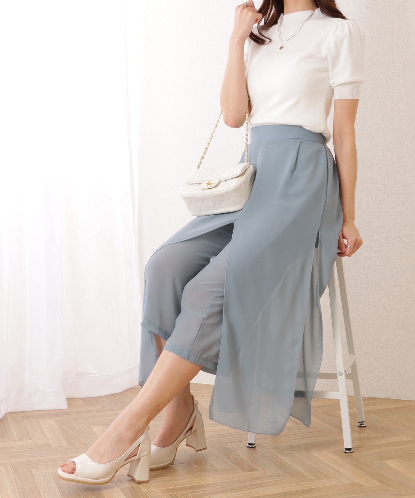 シフォン レイヤード ミモレ丈 ワイド パンツ