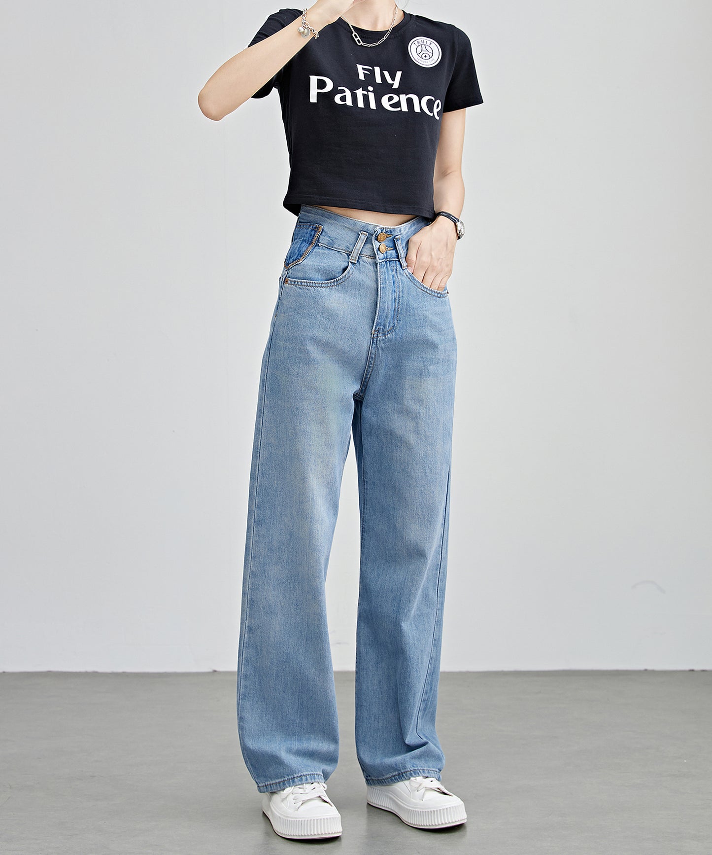 配色パッチ付き ハイウエスト ストレート デニム パンツ