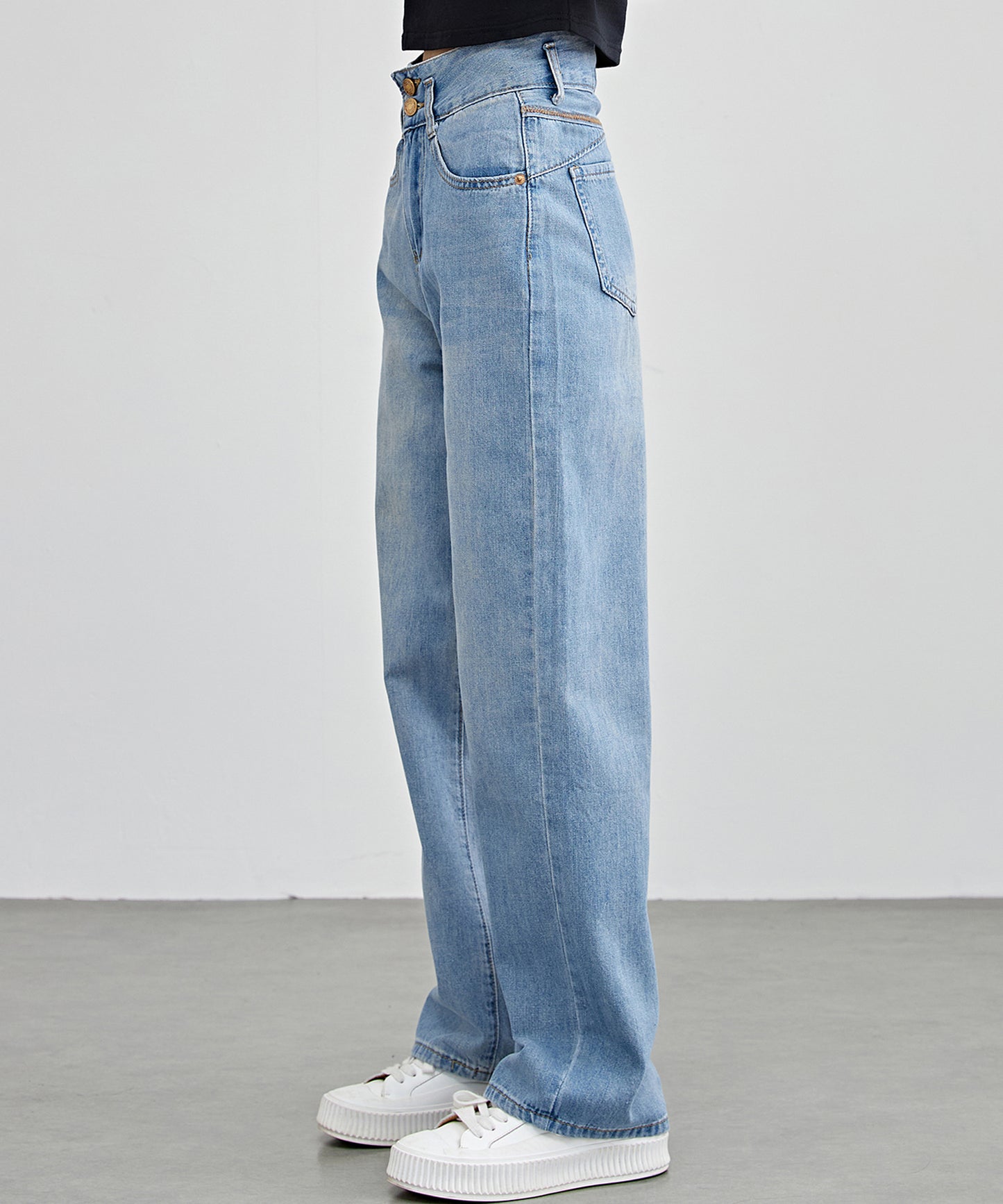 配色パッチ付き ハイウエスト ストレート デニム パンツ