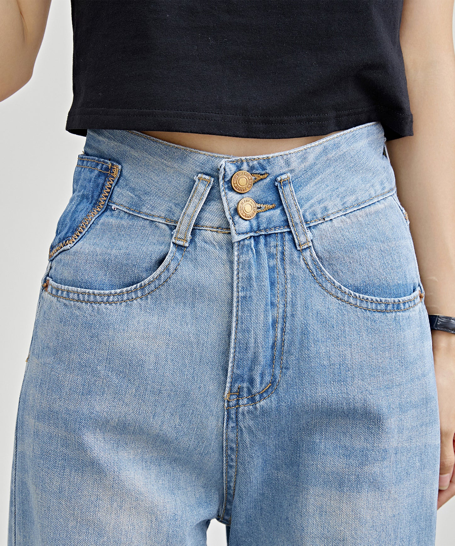 配色パッチ付き ハイウエスト ストレート デニム パンツ