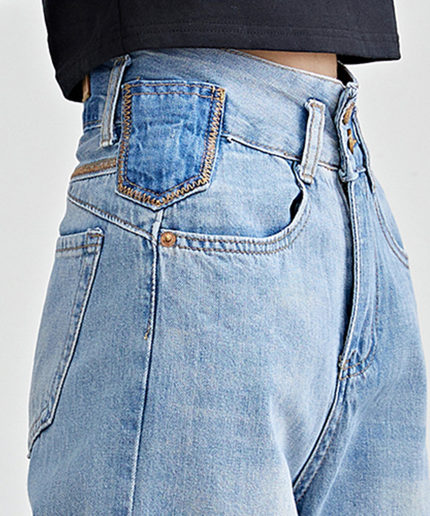 配色パッチ付き ハイウエスト ストレート デニム パンツ