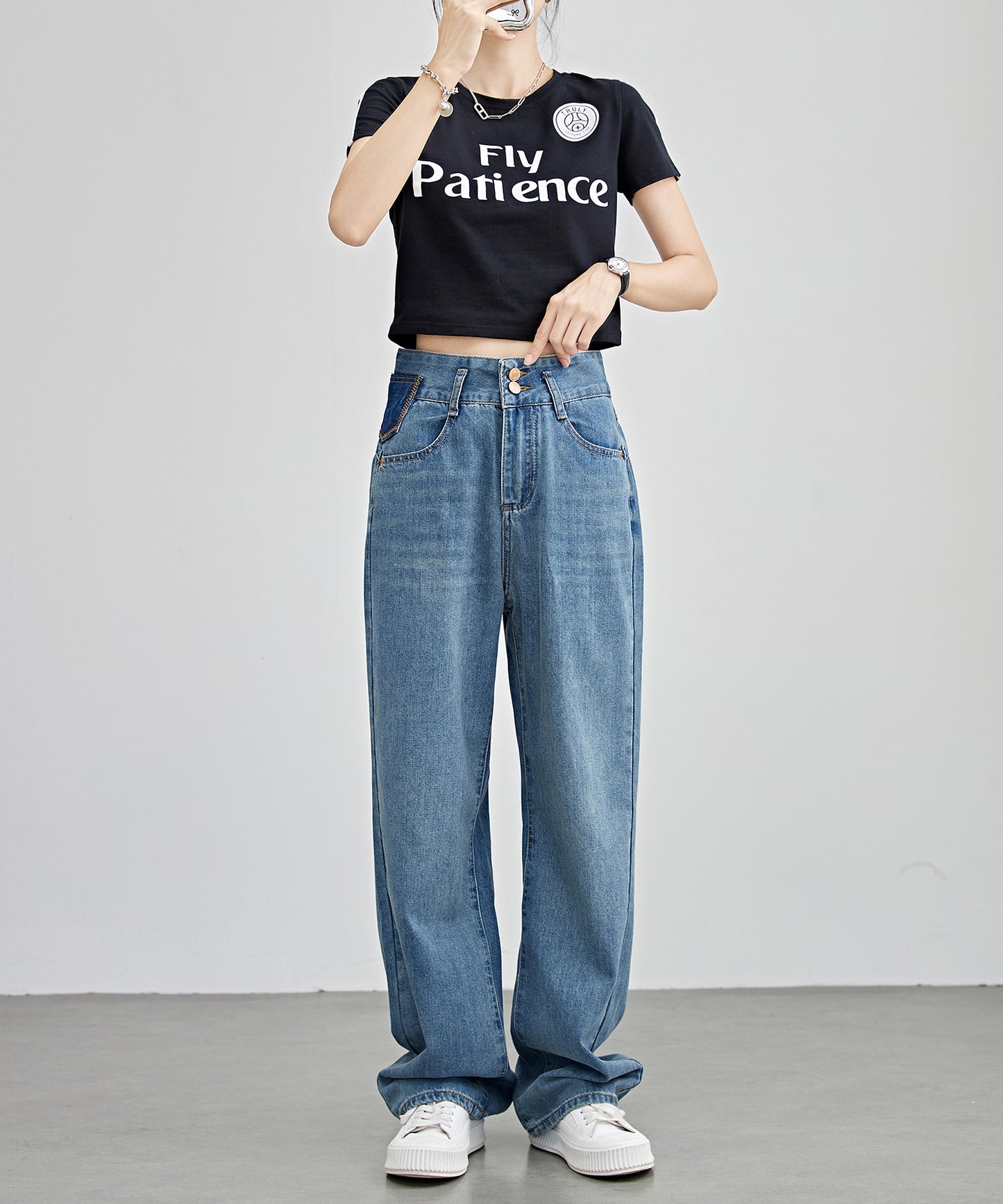配色パッチ付き ハイウエスト ストレート デニム パンツ