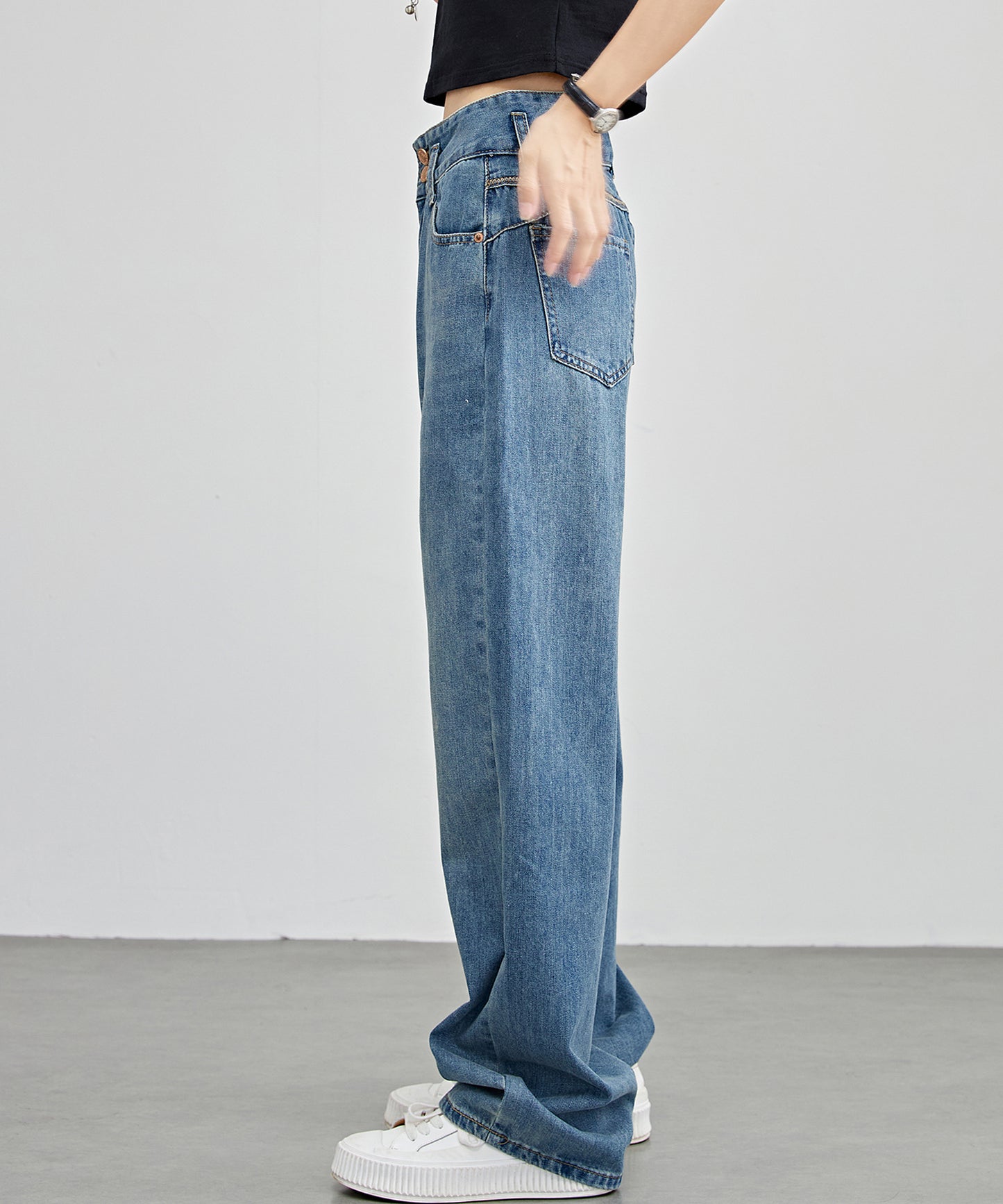 配色パッチ付き ハイウエスト ストレート デニム パンツ