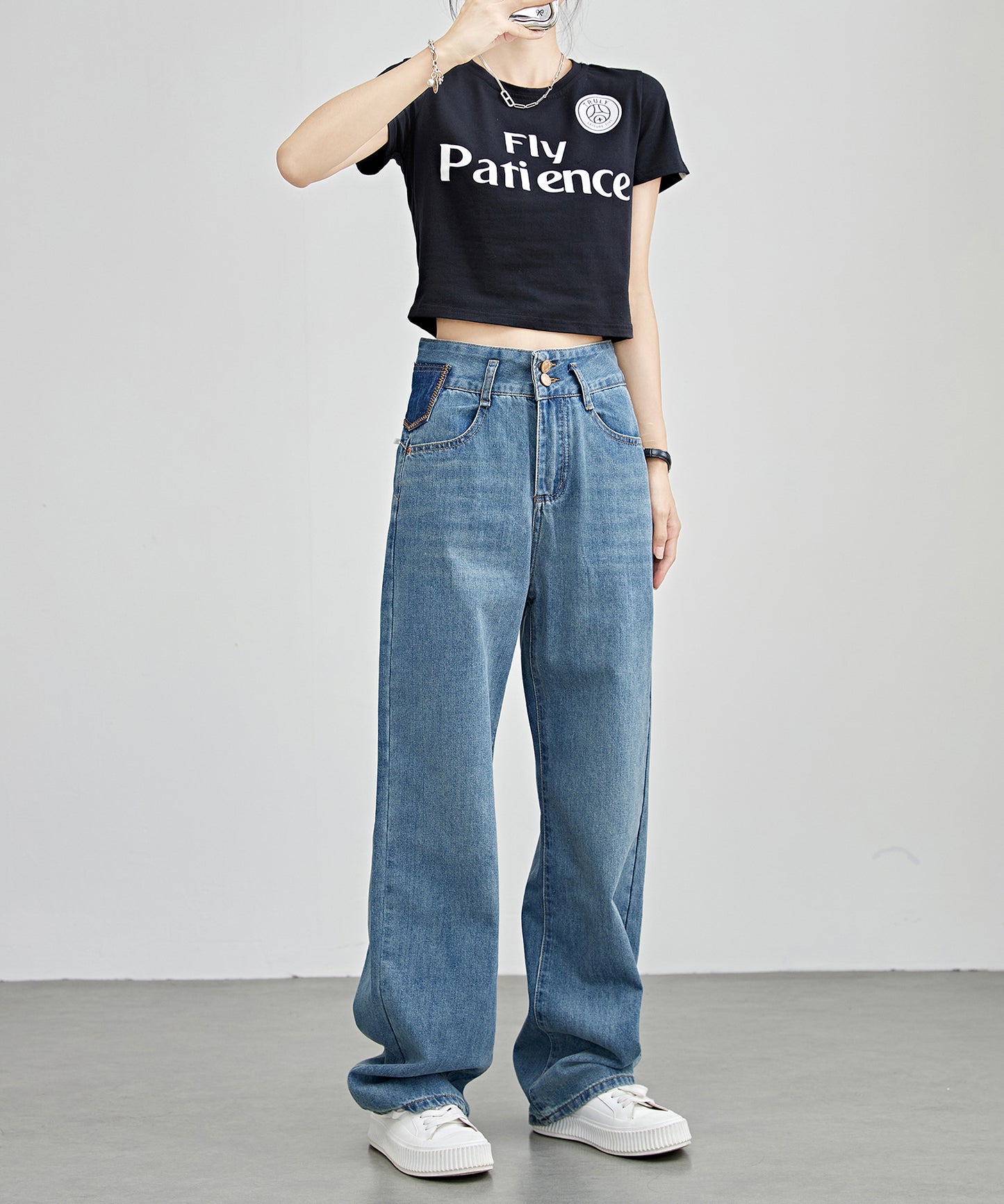 配色パッチ付き ハイウエスト ストレート デニム パンツ