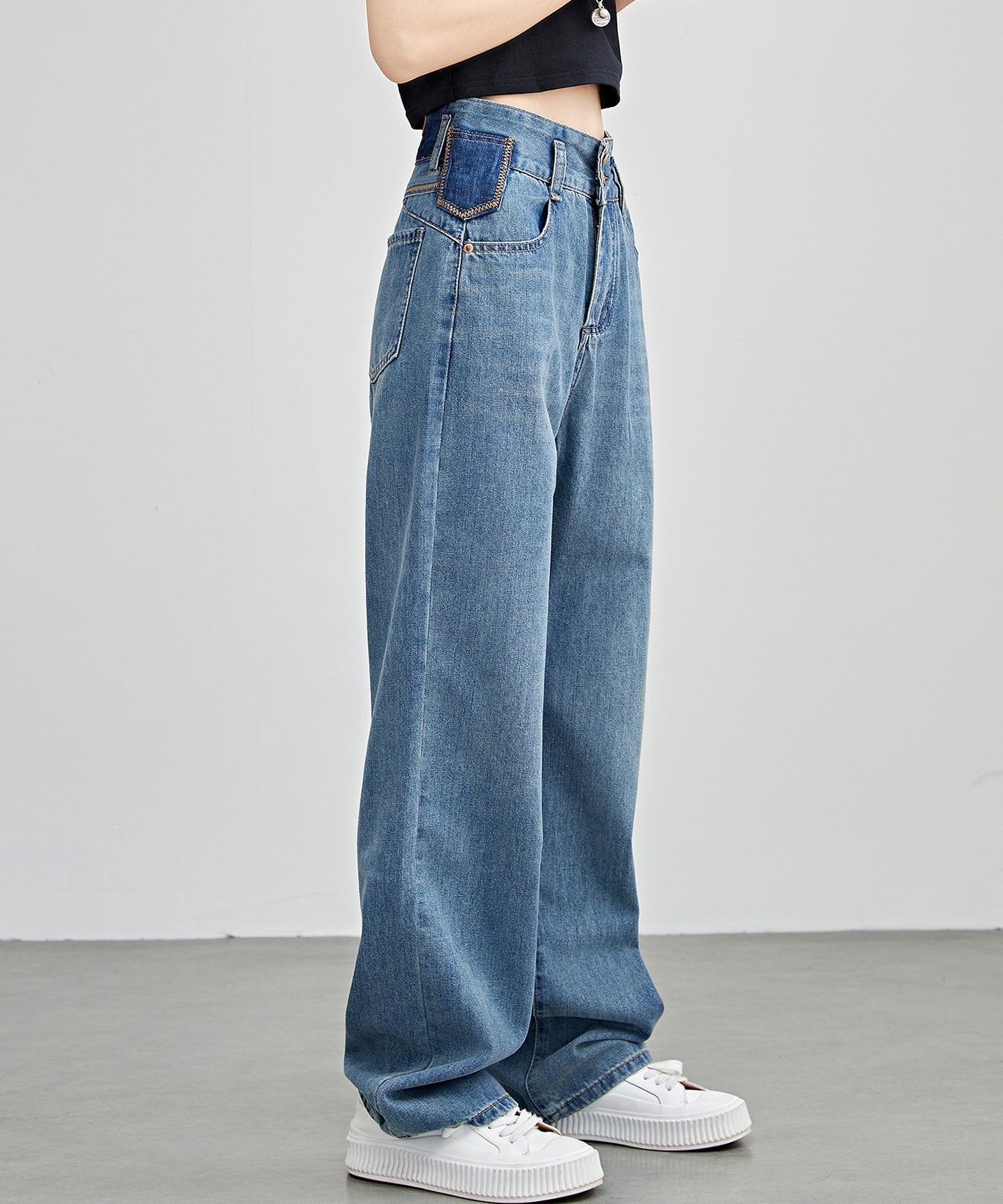 配色パッチ付き ハイウエスト ストレート デニム パンツ
