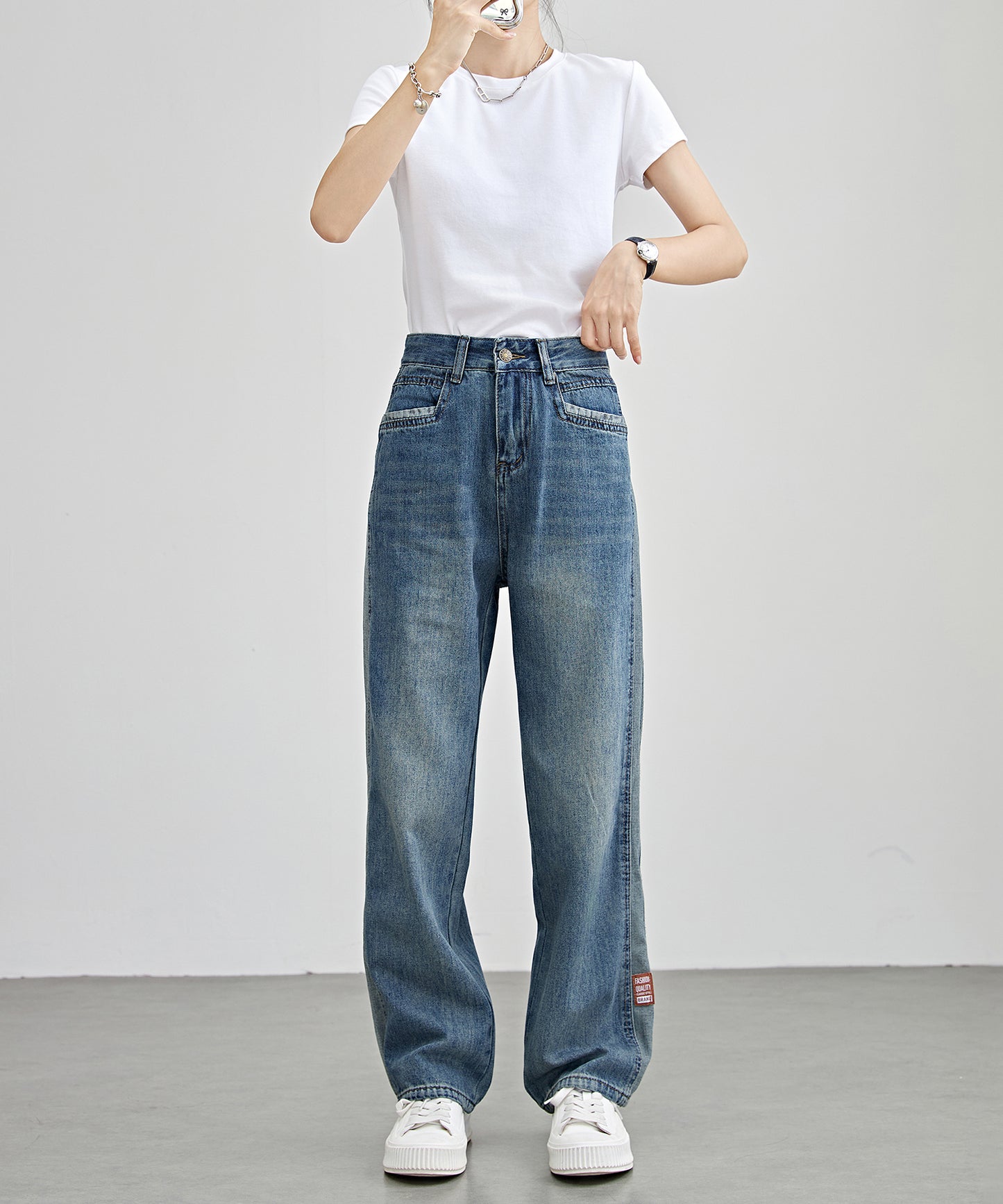 配色 ライン パッチワーク ストレート デニム パンツ