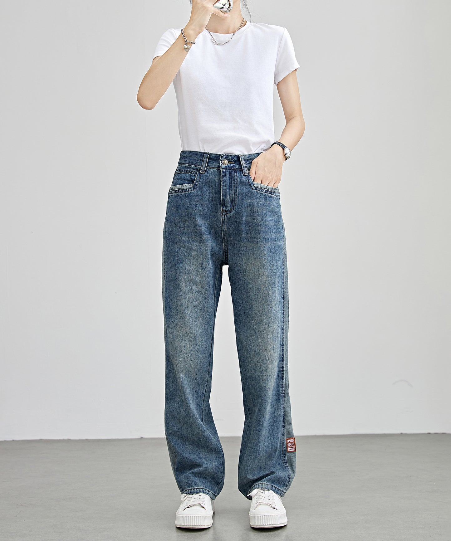 配色 ライン パッチワーク ストレート デニム パンツ