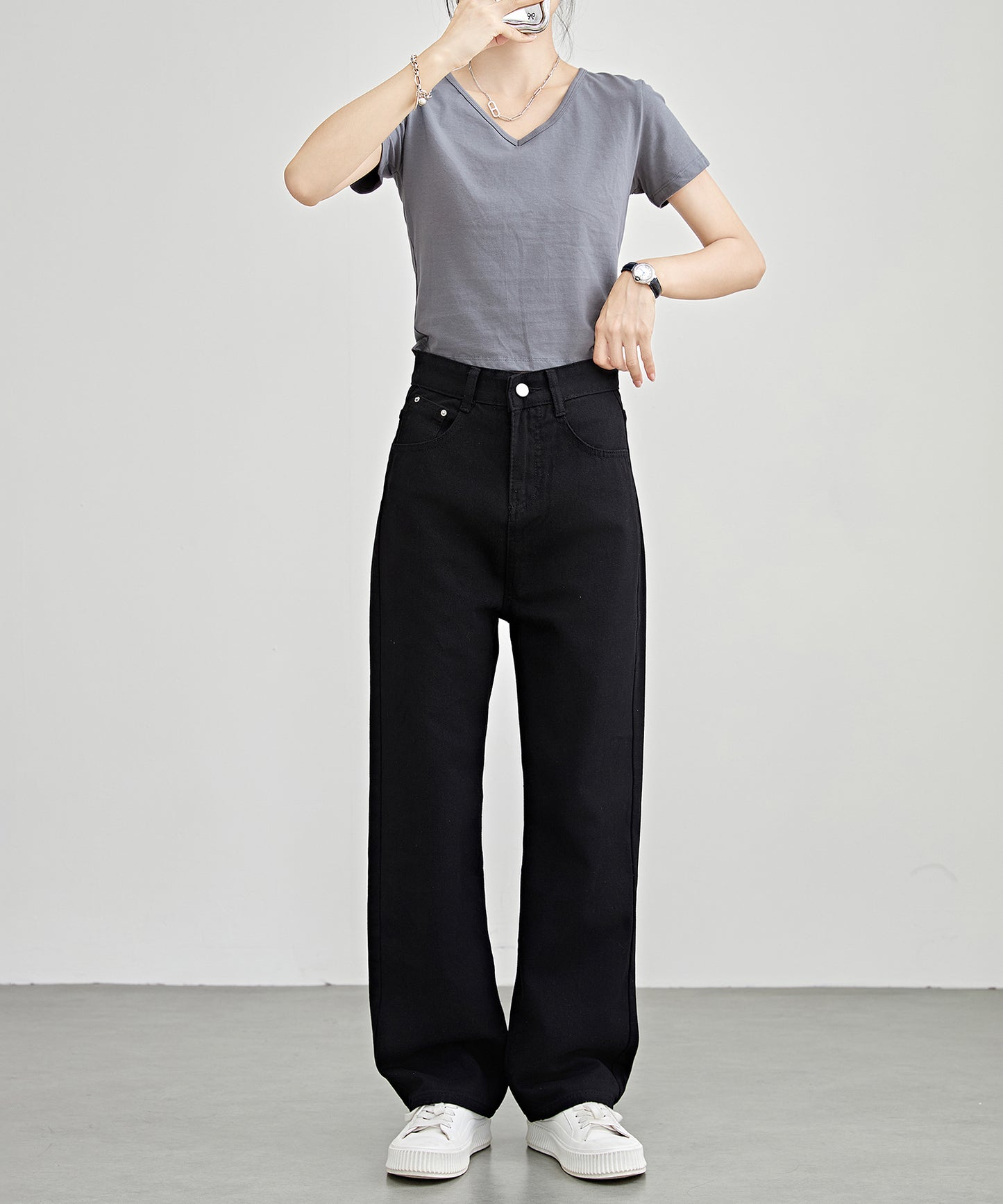 ハイウエスト ストレート セミワイド デニム パンツ