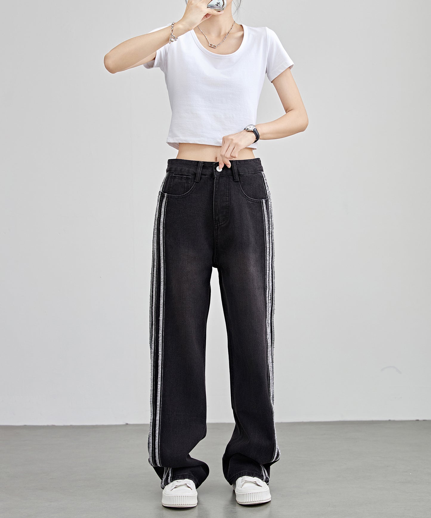 サイド ステッチ ライン ストレート デニム パンツ