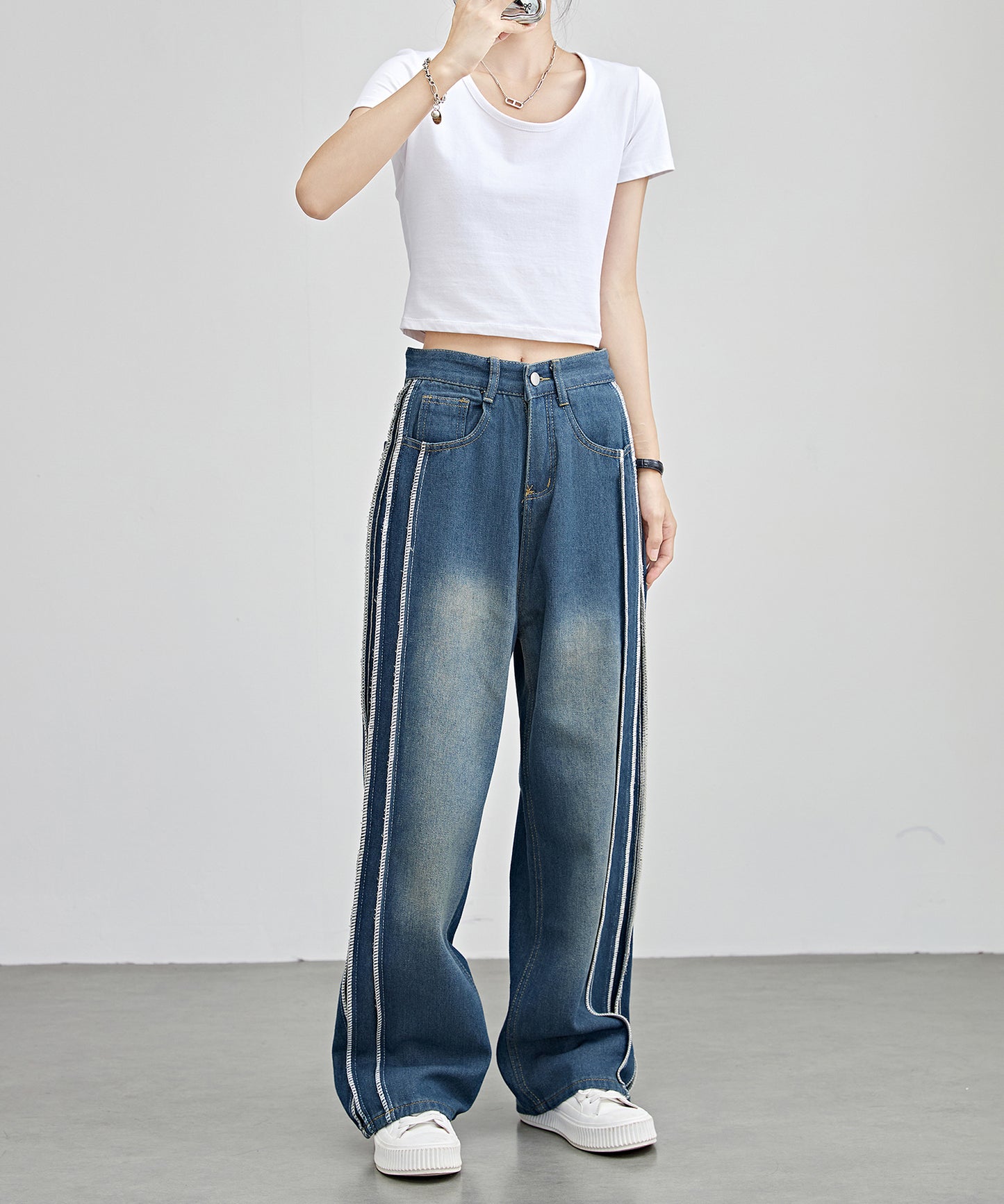 サイド ステッチ ライン ストレート デニム パンツ