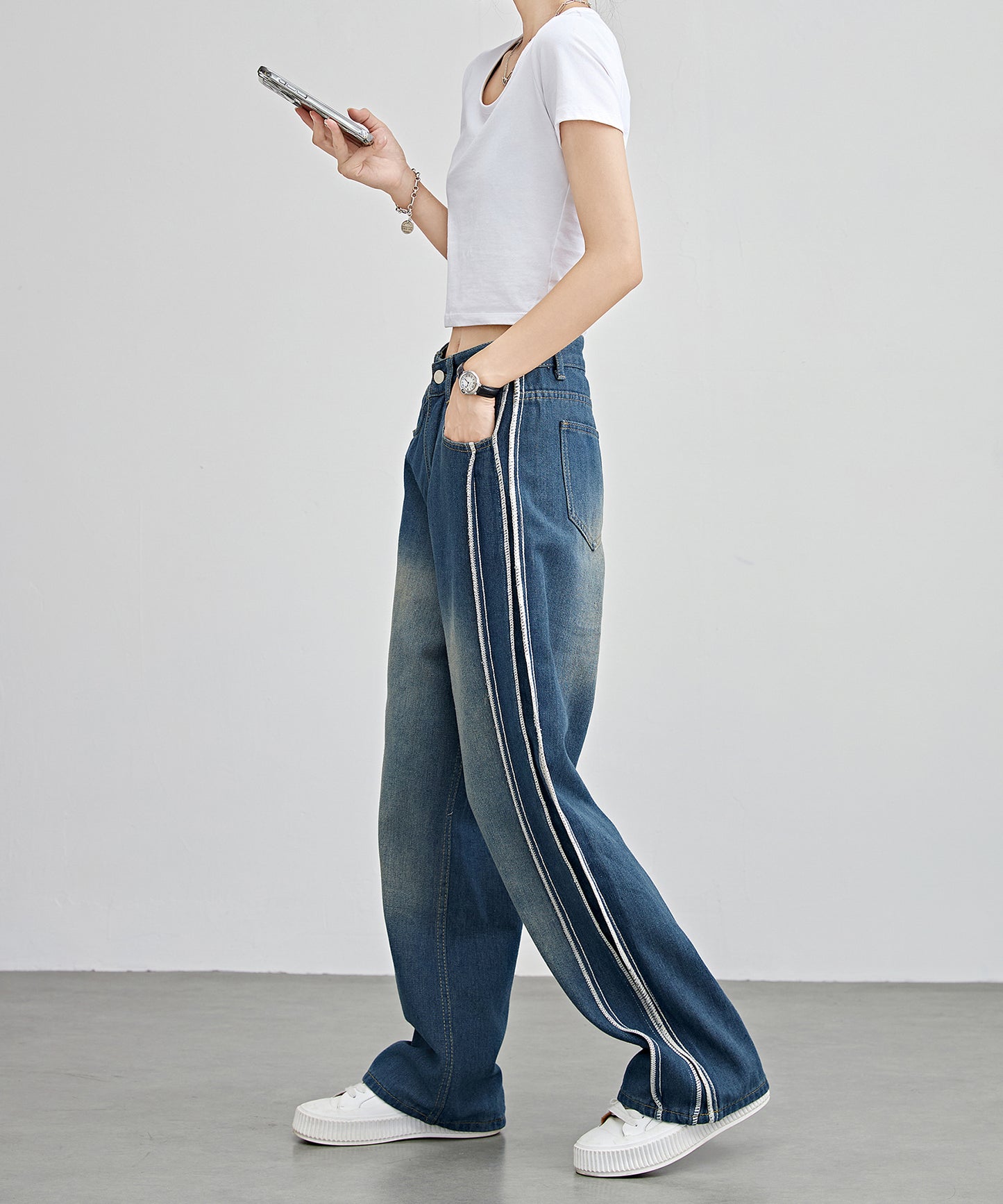 サイド ステッチ ライン ストレート デニム パンツ