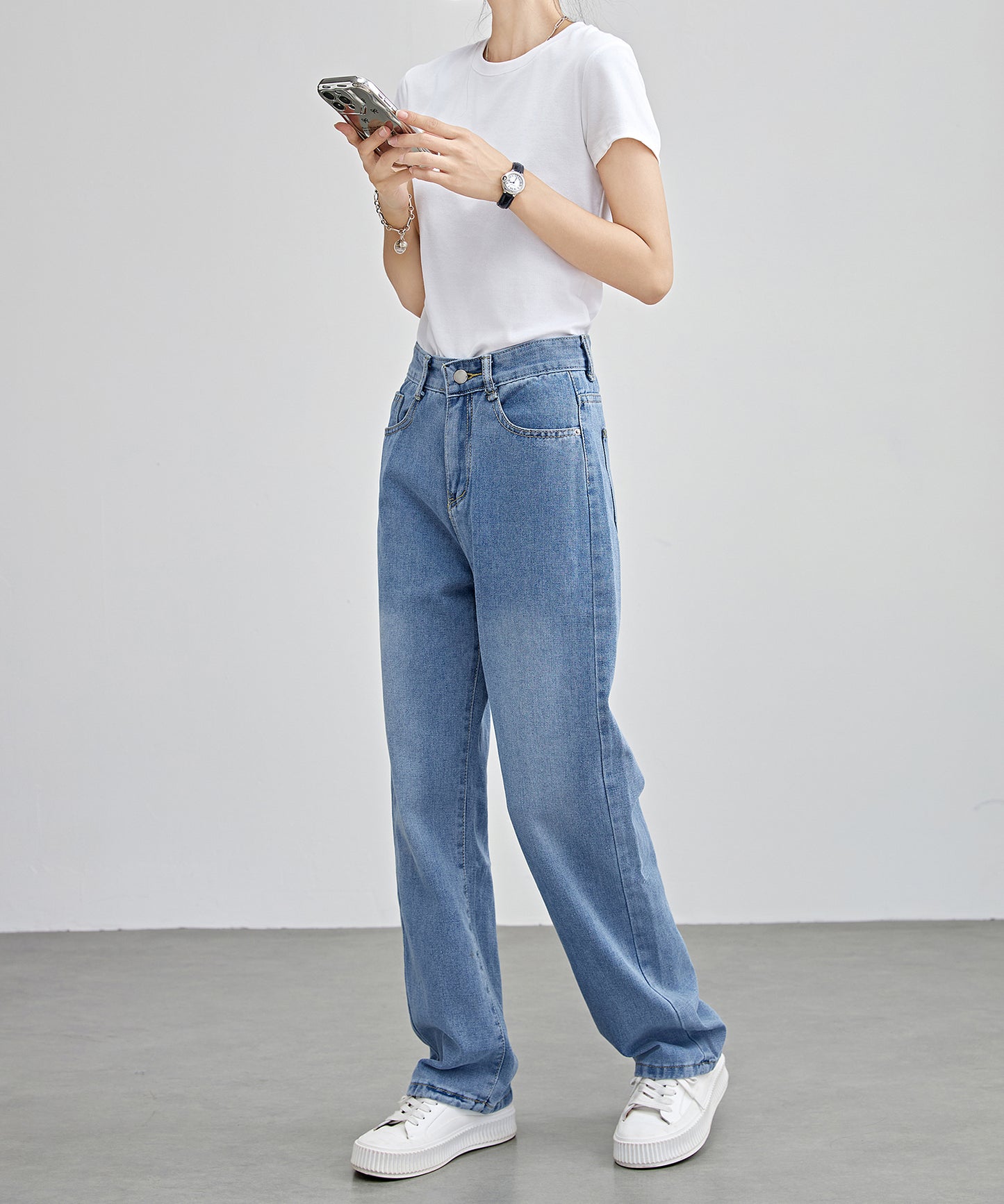 フラワー柄 ポケット付き ハイウエスト ストレート デニムパンツ