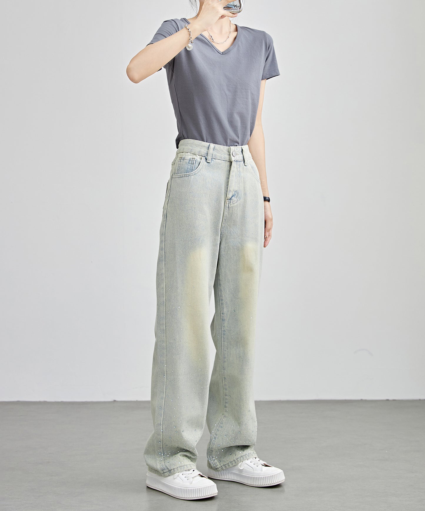 ラインストーン付き ハイウエスト セミワイド ストレート デニムパンツ