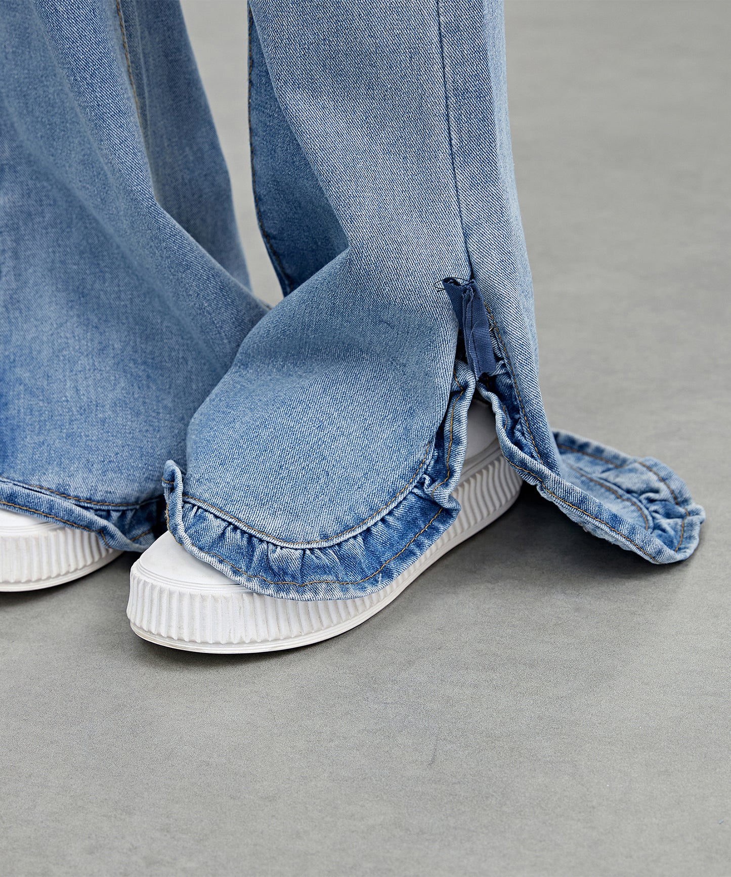 ハイウエスト フリル リボン フレア デニム パンツ
