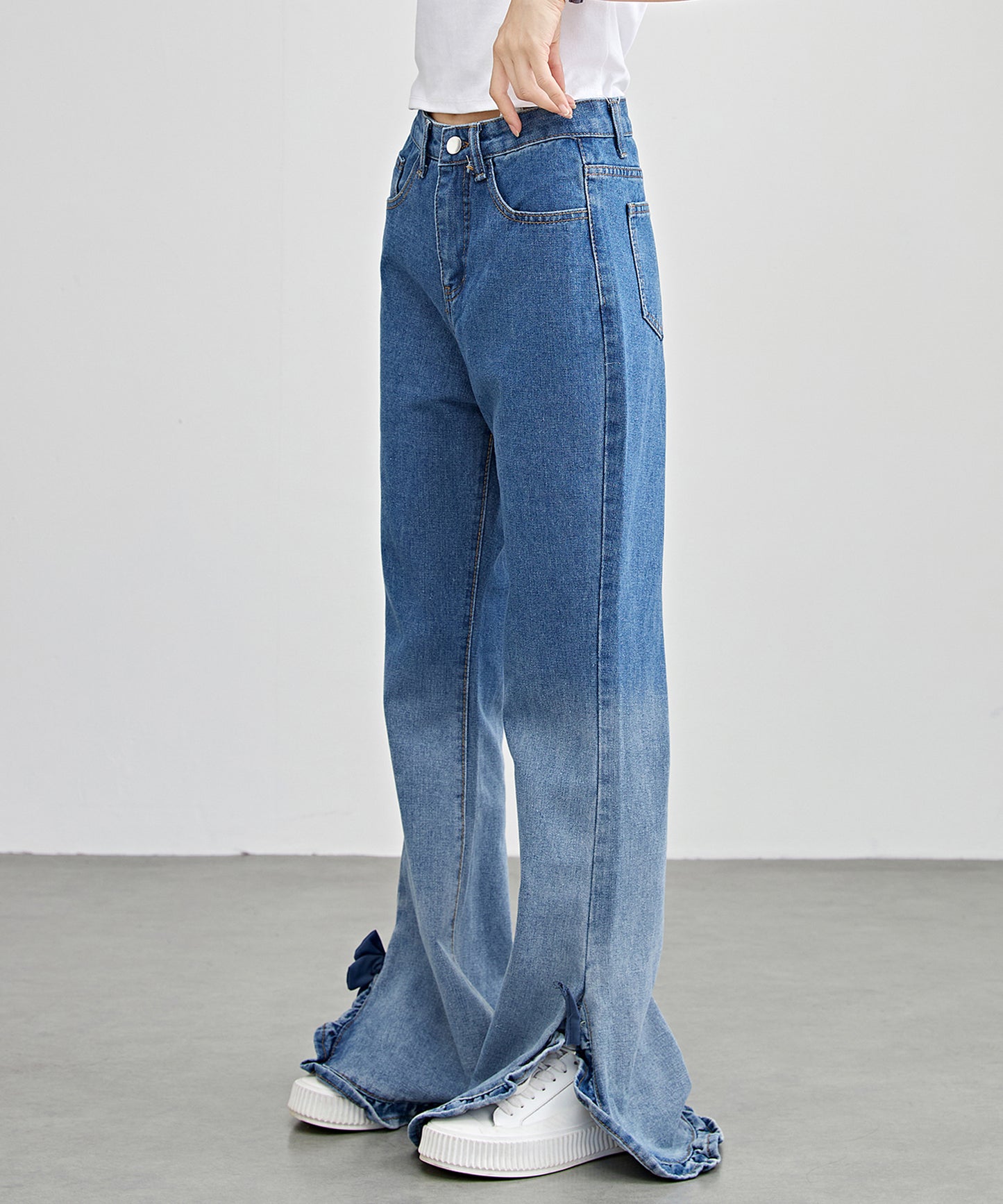 ハイウエスト フリル リボン フレア デニム パンツ