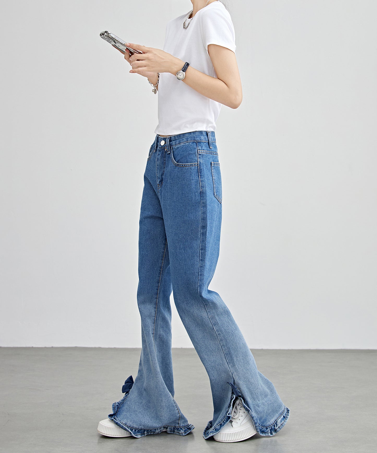 ハイウエスト フリル リボン フレア デニム パンツ