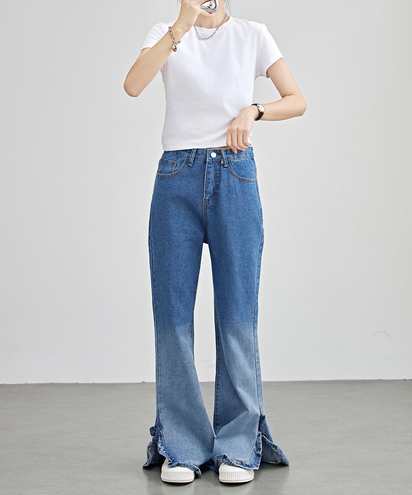 ハイウエスト フリル リボン フレア デニム パンツ