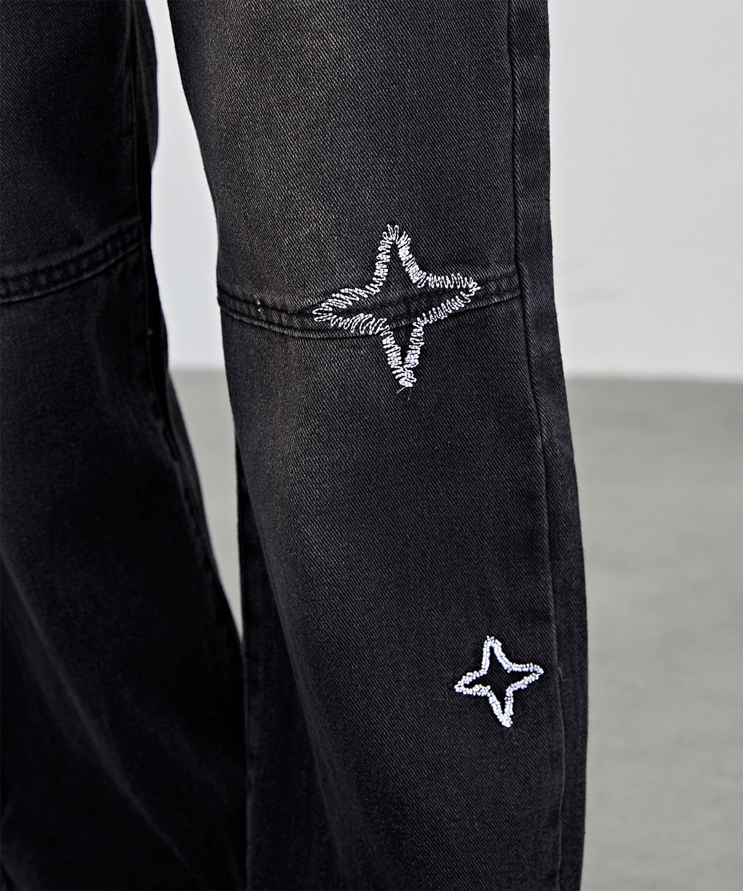 ハイウエスト 星柄 刺繍 ワイド デニム パンツ