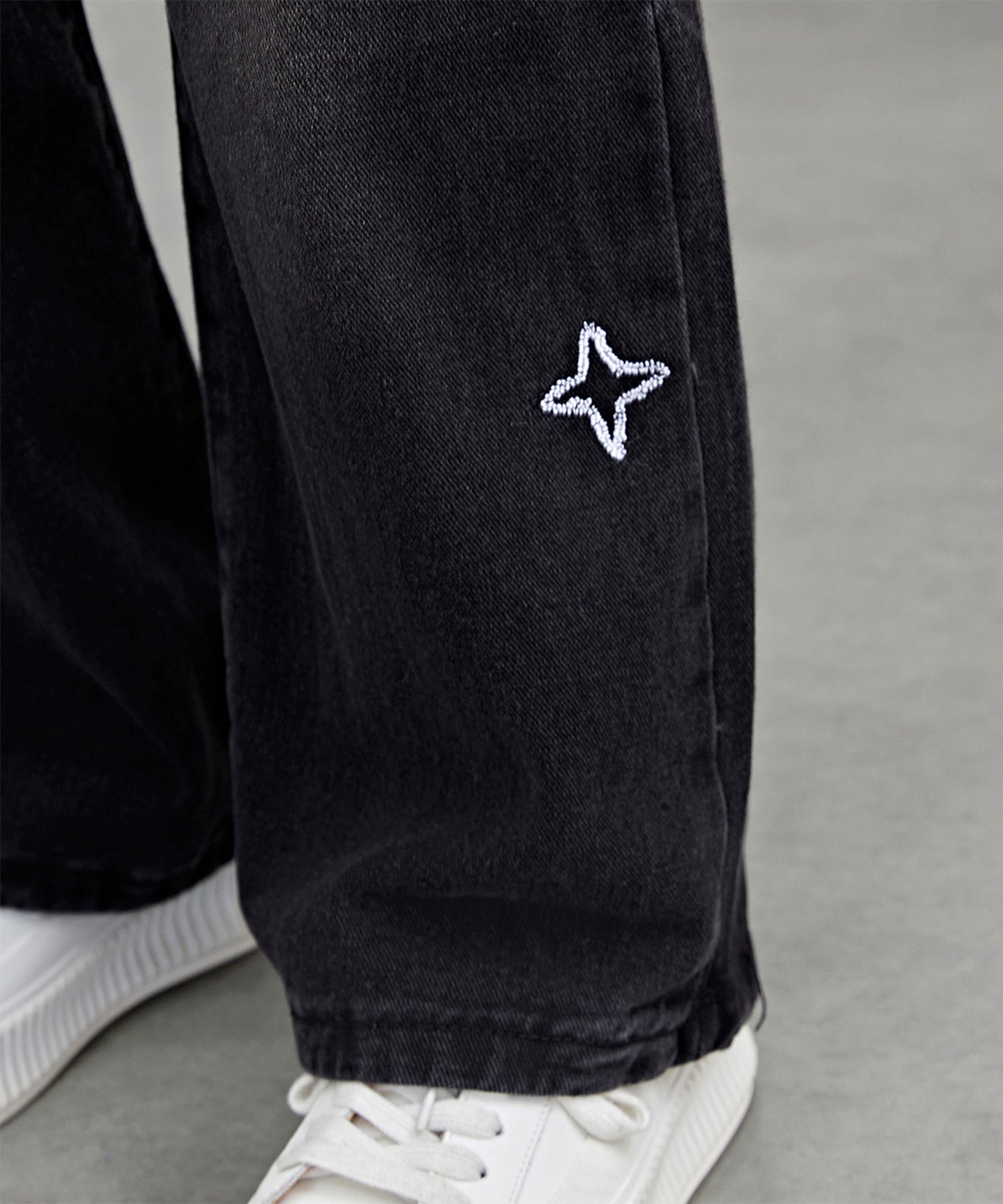 ハイウエスト 星柄 刺繍 ワイド デニム パンツ