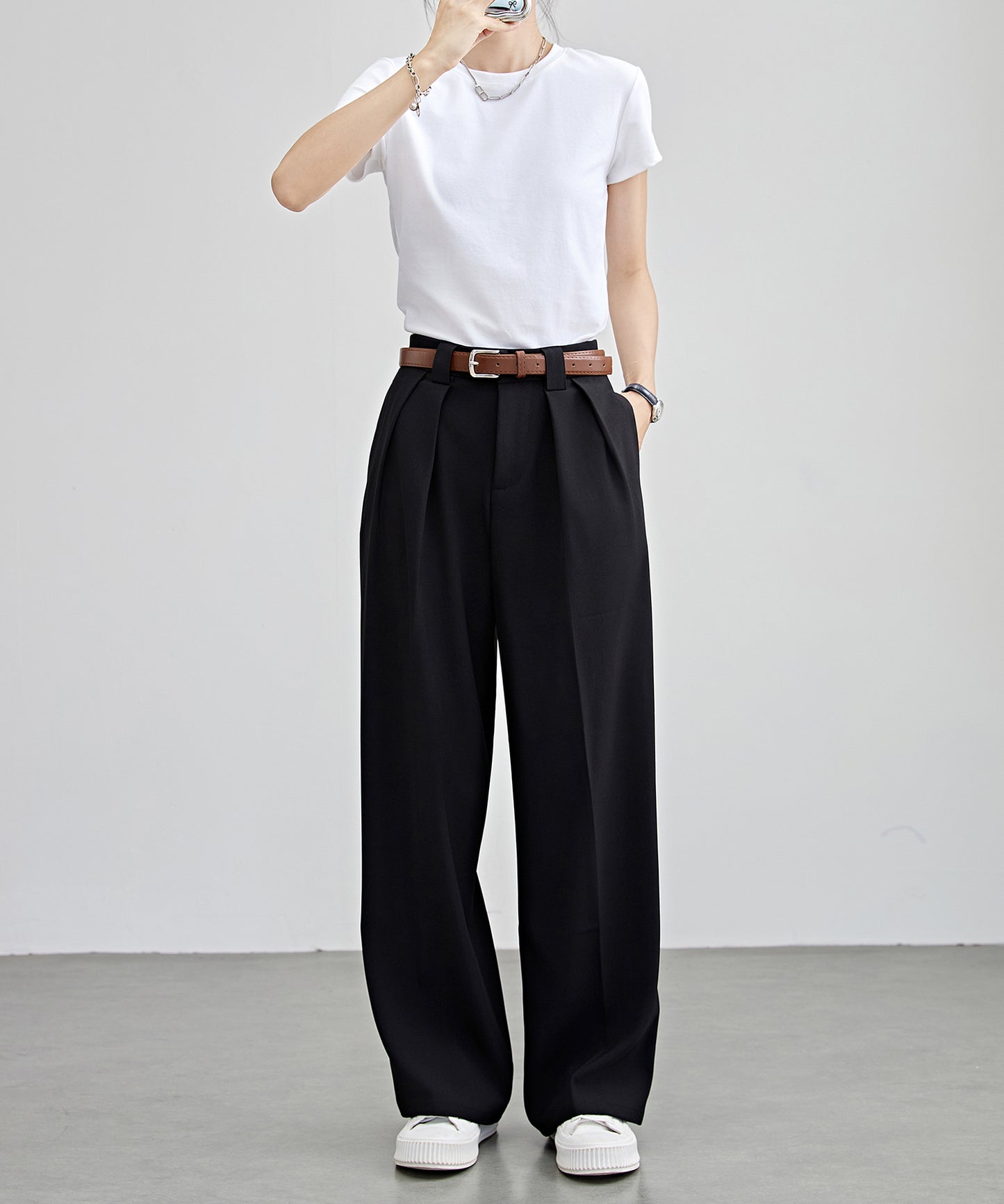 ハイウエスト ワイド ストレート タック パンツ
