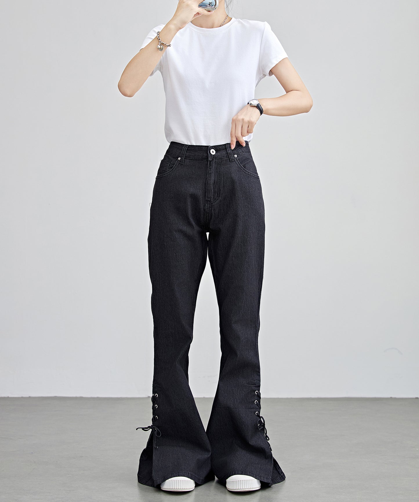 ハイウエスト サイド リボン フレア デニム パンツ
