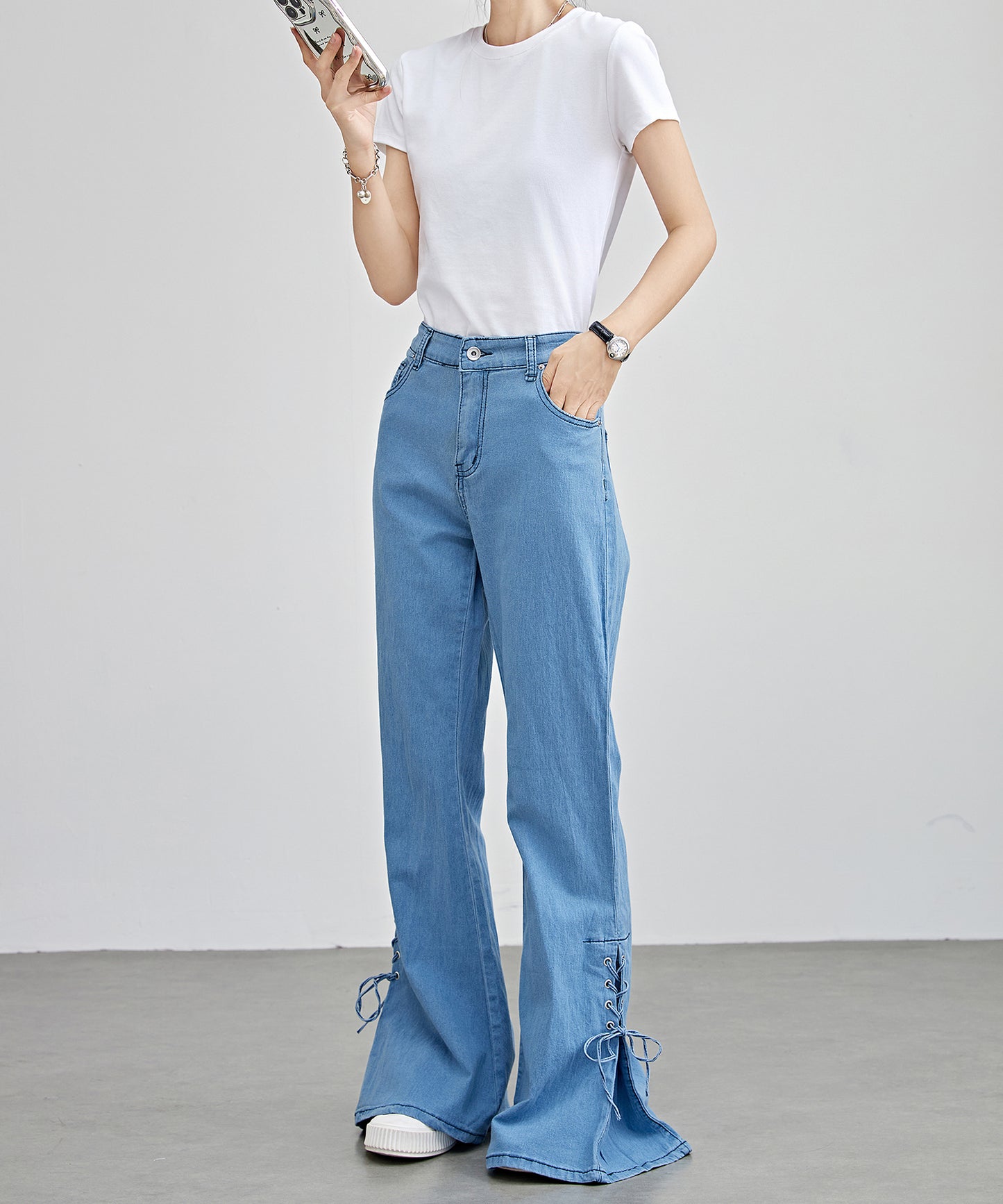 ハイウエスト サイド リボン フレア デニム パンツ
