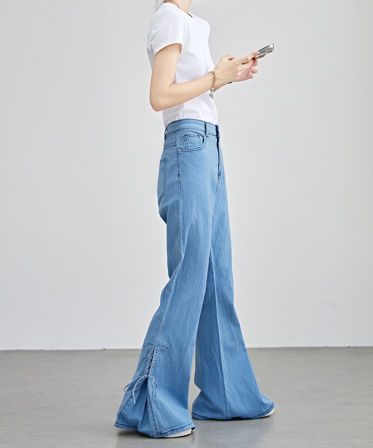 ハイウエスト サイド リボン フレア デニム パンツ