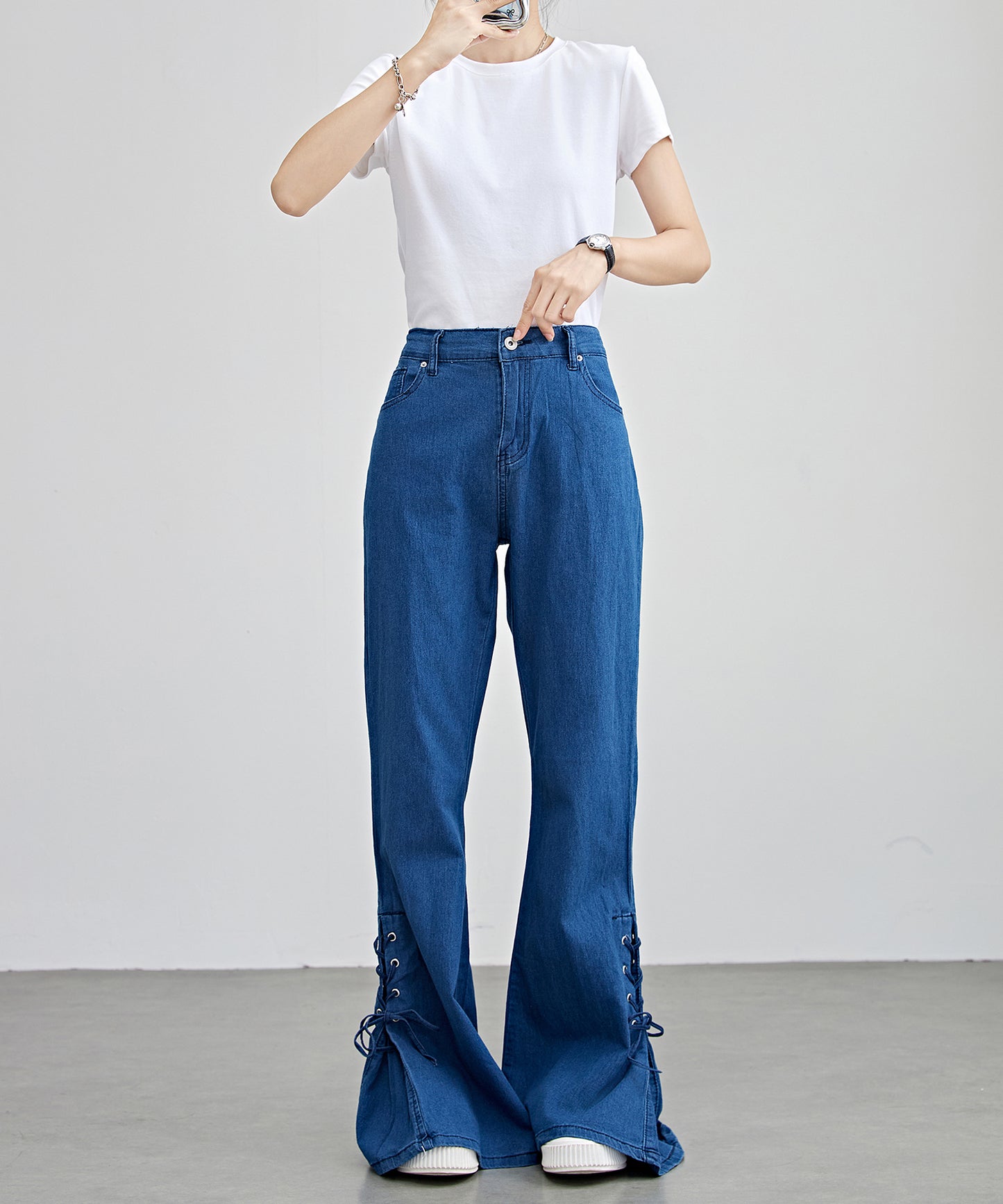 ハイウエスト サイド リボン フレア デニム パンツ