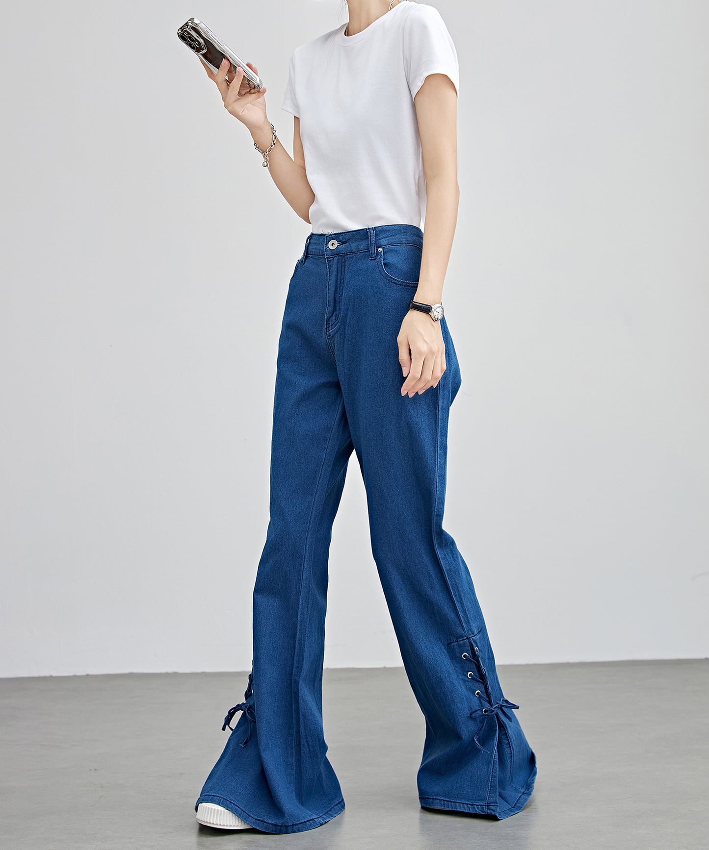 ハイウエスト サイド リボン フレア デニム パンツ