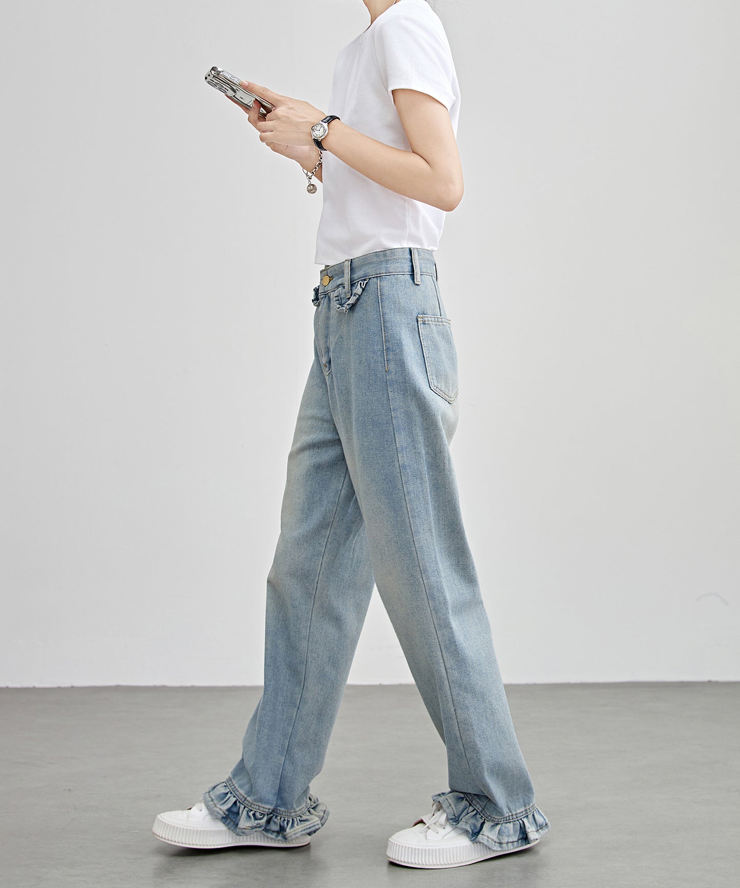 ハイウエスト セミワイド フリル デニム パンツ