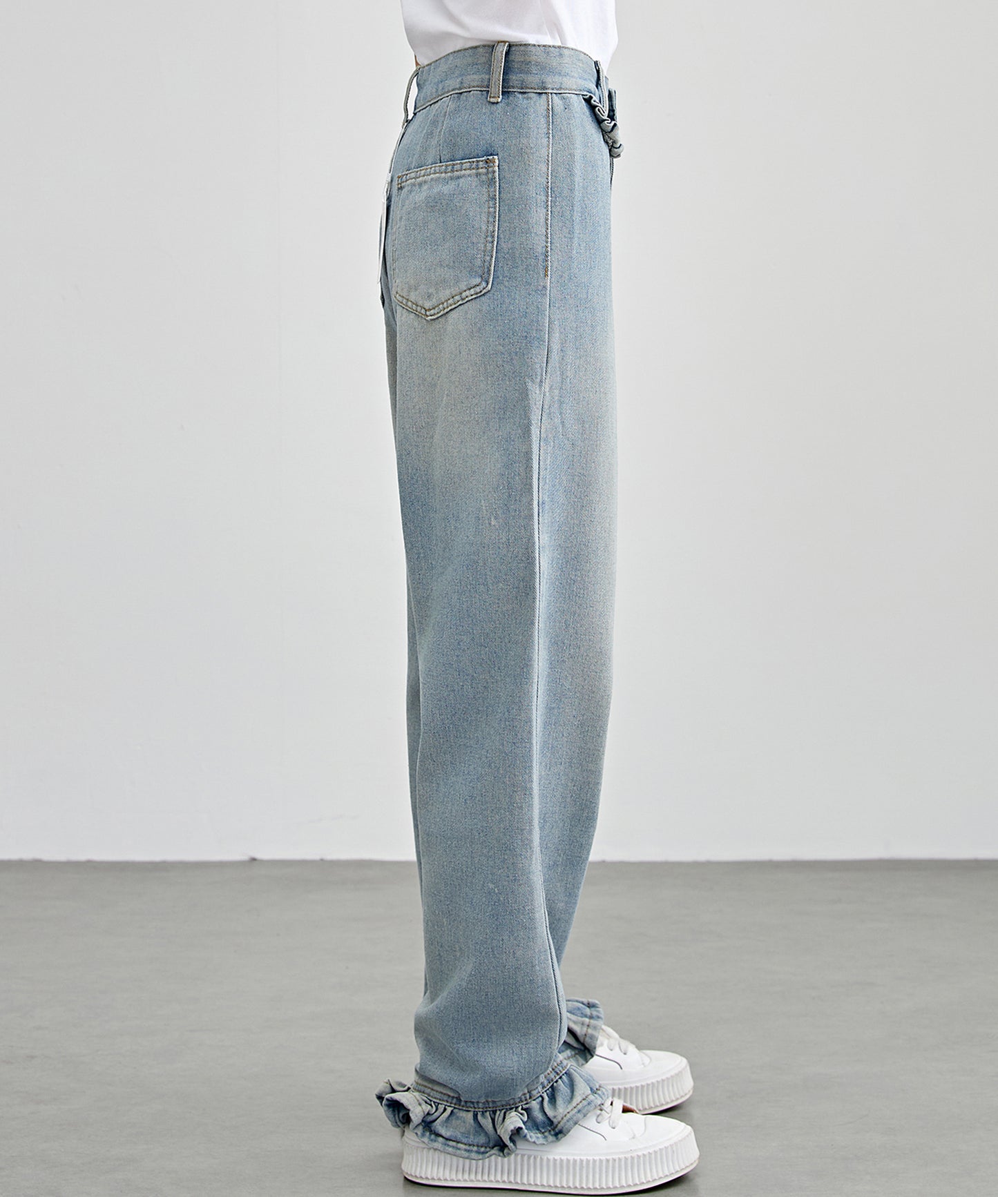 ハイウエスト セミワイド フリル デニム パンツ