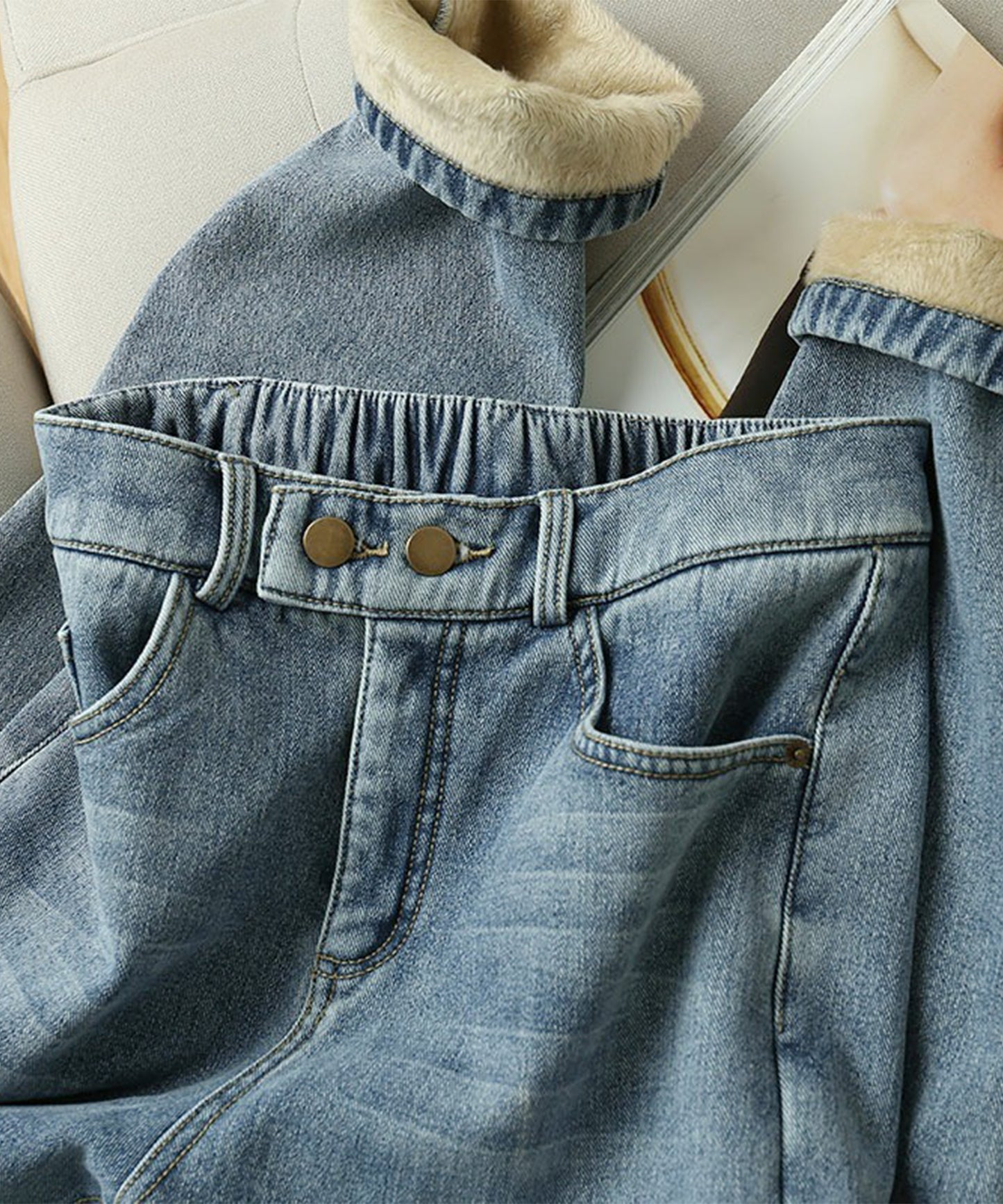 バック イージー ハイウエスト テーパード デニム 裏起毛 パンツ