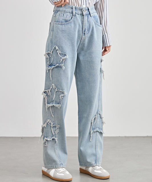 スター パッチ セミワイド ストレート デニム パンツ