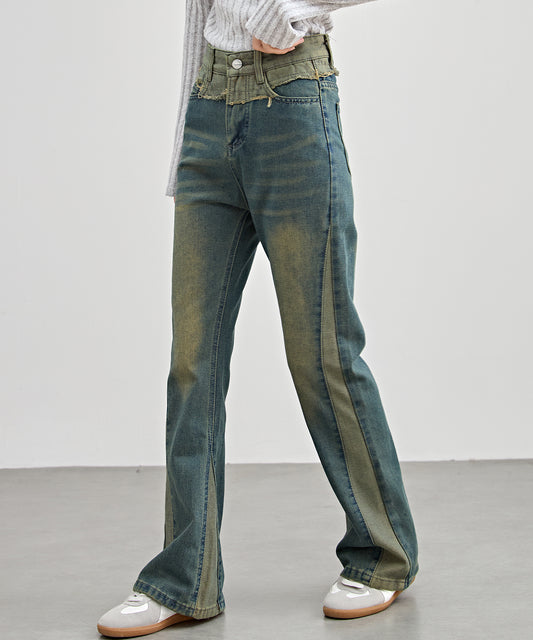 配色 切り替え ハイウエスト フレア デニム パンツ