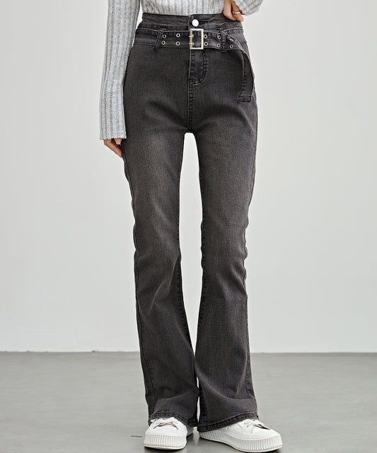 スタッズベルト付き ハイウエスト フレア デニム パンツ