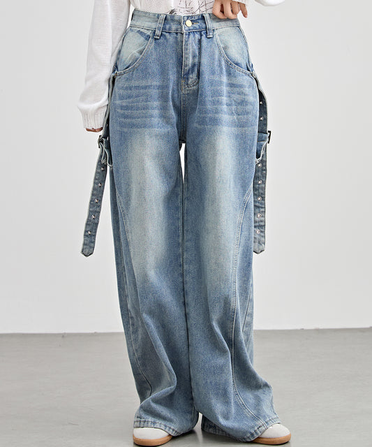 サイドベルト ハイウエスト ワイド デニム パンツ