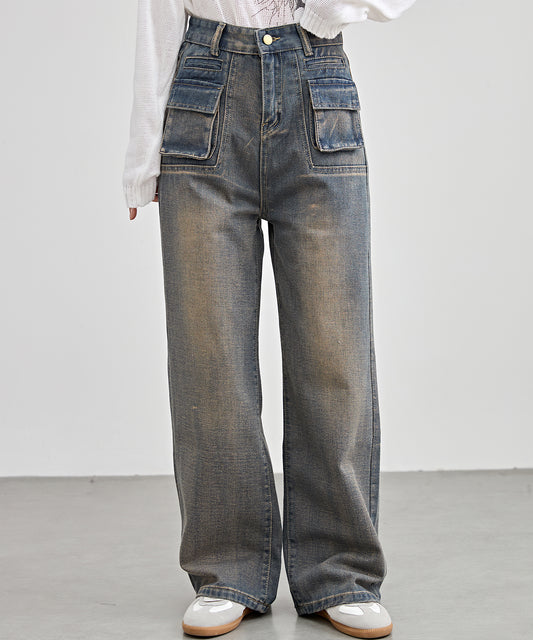 ハイウエスト パッチポケット ストレート デニム パンツ