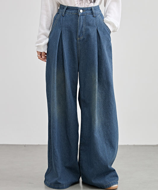 ハイウエスト ワイド タック デニム パンツ