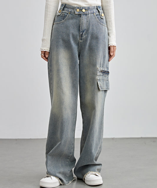 ハイウエスト サイド ポケット ワイド デニム パンツ
