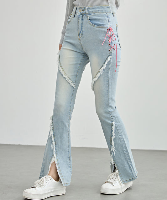 配色 レースアップ ハイウエスト フリンジ フレア デニム パンツ