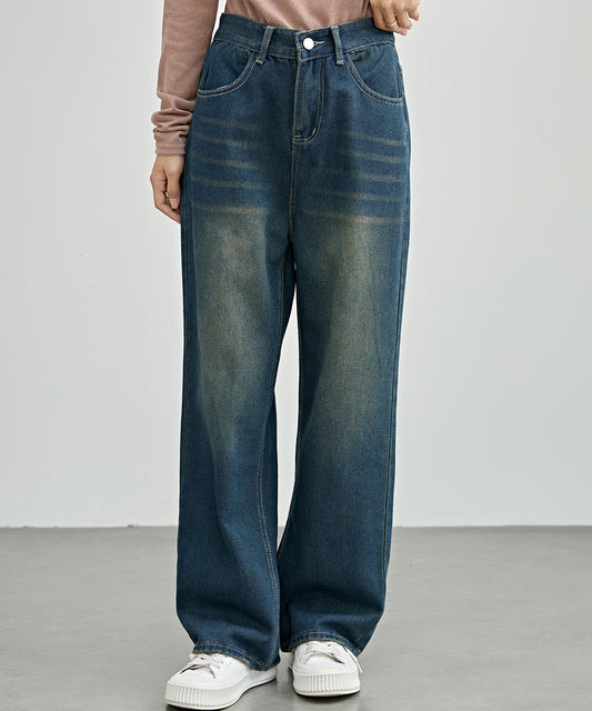 ハイウエスト バック ダメージ ワイド デニム パンツ