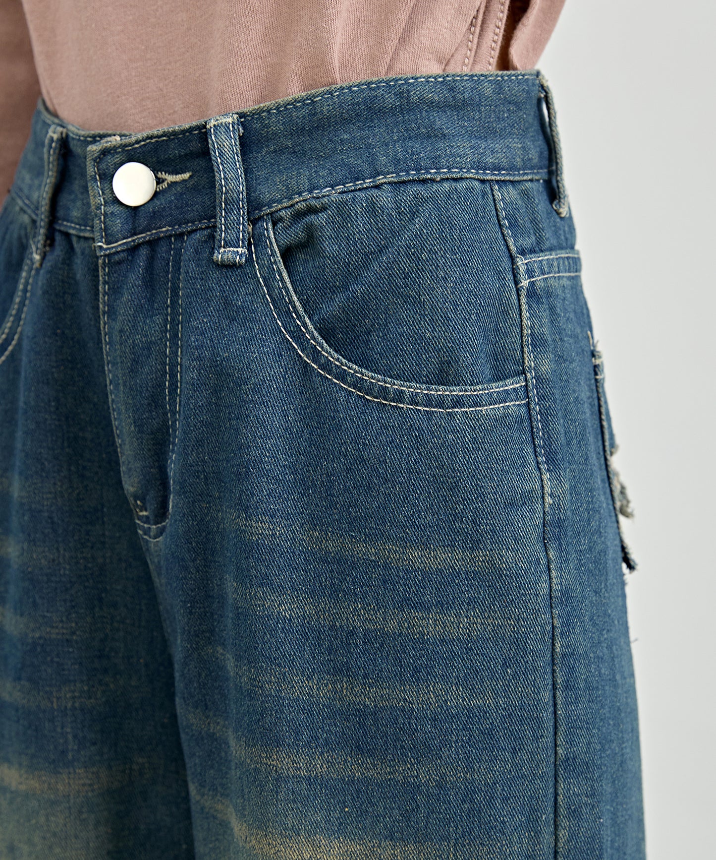 ハイウエスト バック ダメージ ワイド デニム パンツ