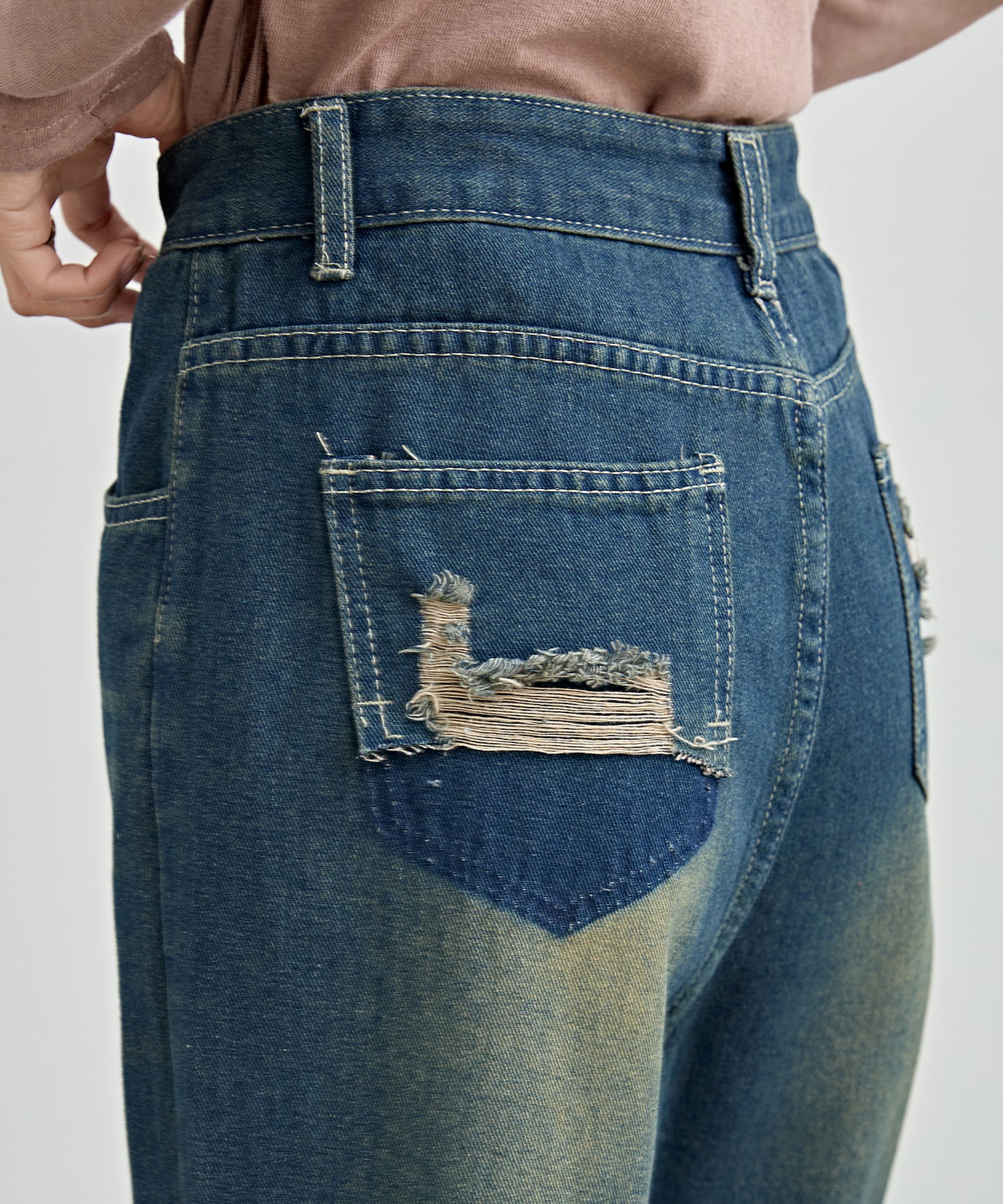 ハイウエスト バック ダメージ ワイド デニム パンツ