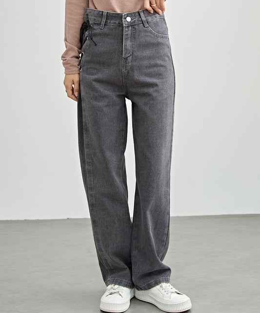 サイド レースアップ ハイウエスト ストレート デニム パンツ