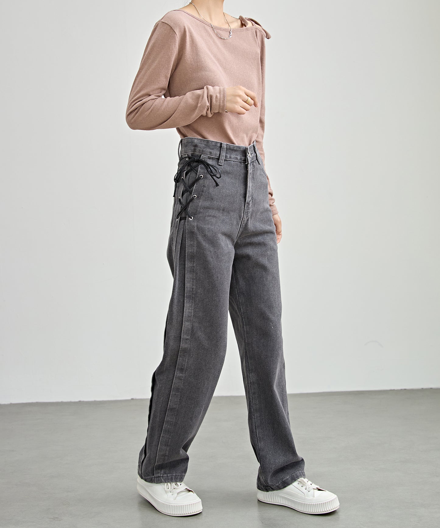 サイド レースアップ ハイウエスト ストレート デニム パンツ